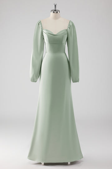 Sage Green Off the Shoulder A Line Long Bridesmaid Dress with Puff Sleeves